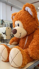 Giant fluffy orange teddy bear sitting in a workshop with sewing machines in the background
