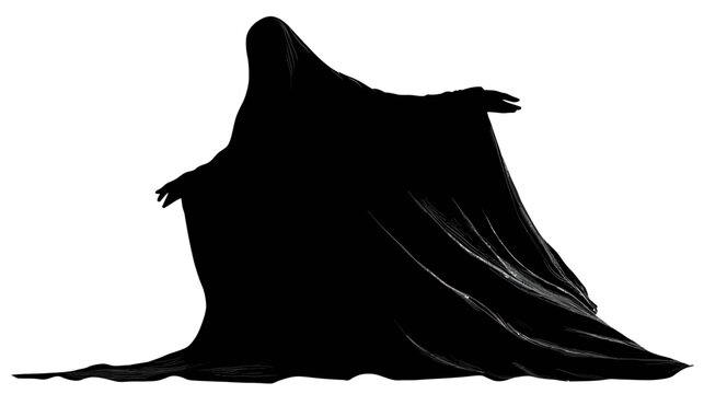 A black, flowing figure cloaked in fabric, with exposed hands