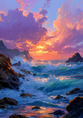 painting of an extreme colorful sunset in a stormy sea with waves hitting the rocky shoreline