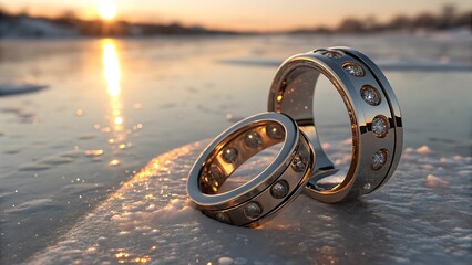 Two ornate wedding rings resting on a frozen surface with a golden sunset in the background