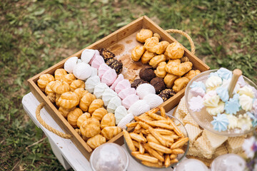 Wooden tray with assorted sweets on table outdoors, picnic dessert composition.