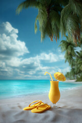 Tropical pina colada on beach with flip flops under palm tree
