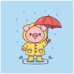 A cute lovely happy pig holding a red umbrella wearing a yellow coat under the rain