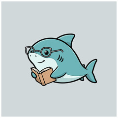  A cut lovely reading-shark cartoon illustration