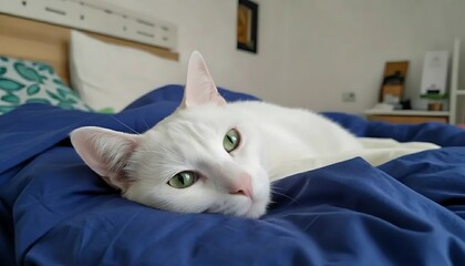Relaxed white cat with striking green eyes resting comfortably on a blue blanket
