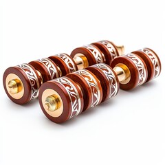 Three Brown Wooden Cylindrical Objects with Gold and Silver Inlay