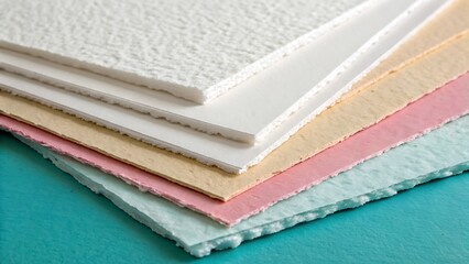 Softly stacked textured handmade papers in pastel colors on teal background
