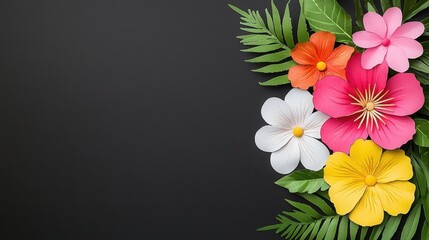 Vibrant Paper Flowers and Green Leaves on Dark Background