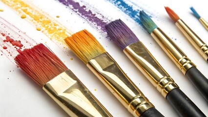 Colorful paint brushes with streaks of rainbow paint on a white background
