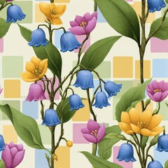 Vibrant Pastel Floral Pattern with Blue Pink Yellow Flowers