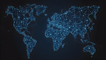Abstract representation of a global network of interconnected digital nodes forming a world map isolated on transparent background