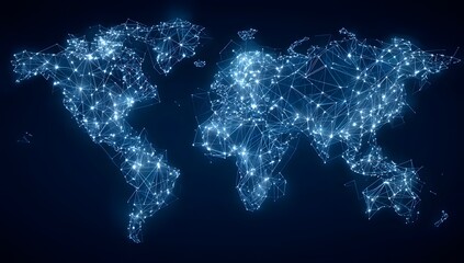 Abstract glowing digital world map composed of interconnected luminous lines and points representing global connections and data flow isolated on transparent background