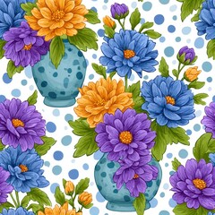 Vibrant Purple and Orange Dahlias in Teal Vases Seamless Pattern