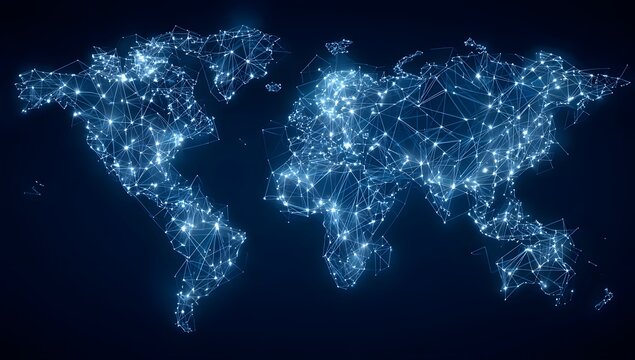 Abstract glowing digital world map composed of interconnected luminous lines and points representing global connections and data flow isolated on transparent background