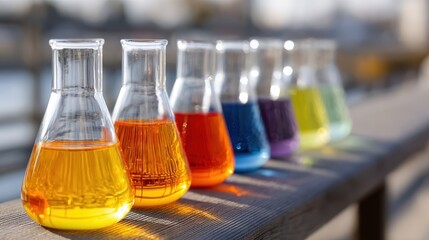 Colorful Glass Beakers with Various Liquids Arranged on a Laboratory Bench in Natural Light