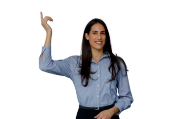 Businesswoman having idea, pointing up with finger, smiling, presenting new concept or solution