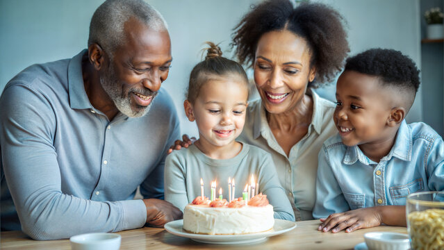 African American family celebrating a birthday happily around a cake with candles  