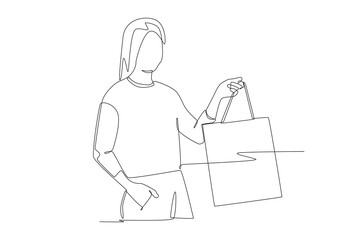 Woman carrying shopping bags. Black friday shopping concept one-line drawing