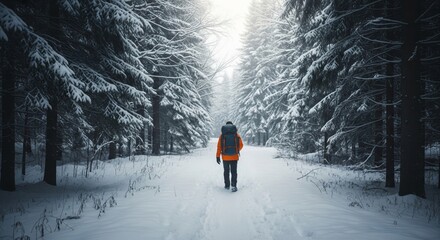 Man in Orange Jacket Walking Through Snowy Winter Forest with Tall Trees and Backpack