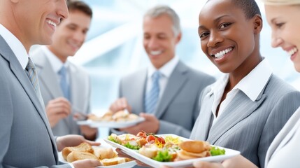A team of professionals shares joyful moments over a buffet lunch in a sleek, modern space. Their smiles reflect camaraderie as they savor diverse dishes, enhancing teamwork