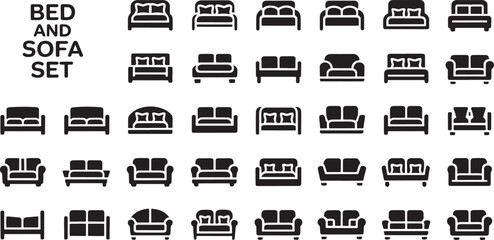 black bed and sofa silhouettes clean minimalist icons set