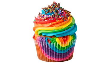 Colorful Rainbow Cupcake with Swirled Frosting and Sprinkles in Rainbow Wrapper