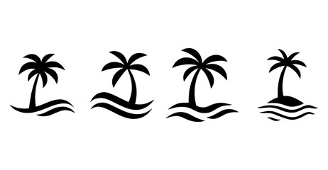 Collection of simple vector palm tree illustrations with water waves minimalist design