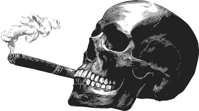 A monochrome illustration of a skull with a lit cigar emitting smoke
