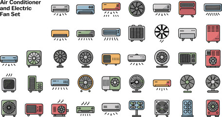 Collection of air conditioner and electric fan icons for diverse cooling solutions