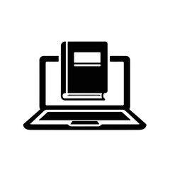 Black and icon representing laptop computer with book displayed on its screen, symbolizing online learning, digital library, or eeducation, isolated on transparent