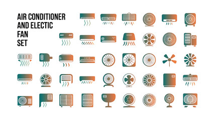 air conditioner and electric fan icon set for cooling and ventilation graphics