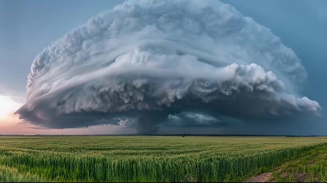 Majestic supercell thunderstorm cloud over a vast green field at sunset