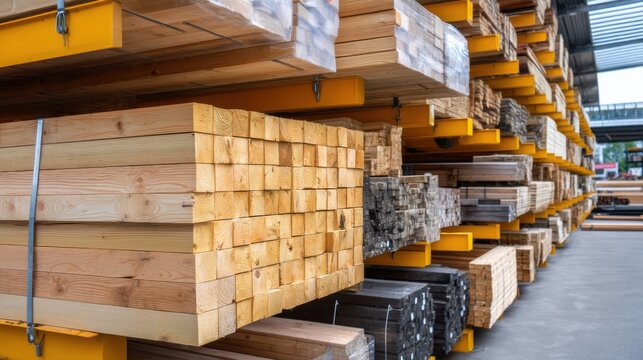 Building materials stacked neatly in a lumber yard showcasing various types of wood and timber options for construction projects