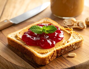 Peanut butter and jelly toast with mint on a wood cutting board, next to a knife and peanut shells