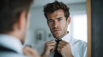 Handsome man adjusting his tie in front of a mirror focused and determined