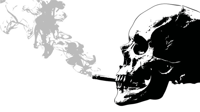 A stark black and white illustration of a skull exhaling wisps of grey smoke