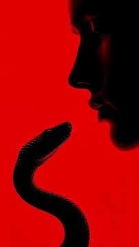 Cinematic red silhouette of a human facing a snake in symbolic tension and surreal minimal composition