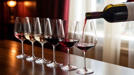Gradient Row of Wine Glasses with Bottle Pouring Red Wine in Elegant Setting