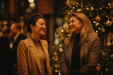 Two businesswomen chatting and smiling near a decorated Christmas tree at a warm festive corporate event, elegant outfits, golden lights, cinematic lifestyle atmosphere. Generative AI.