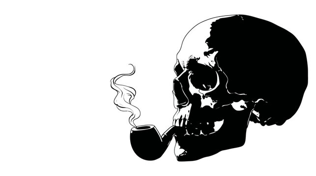 A stark, high-contrast illustration of a skull smoking a pipe with wisps of smoke