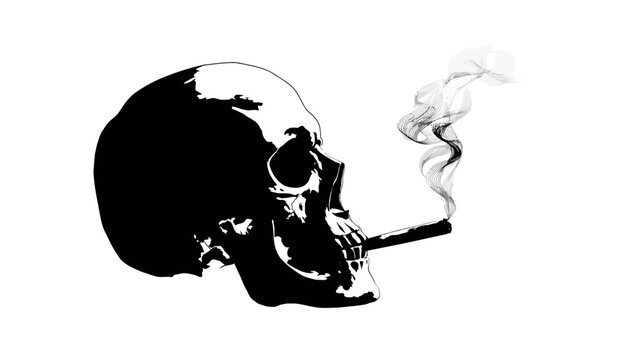 Stylized black skull exhales wisps of smoke from a lit cigar