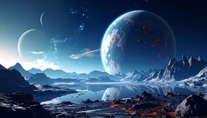 A fantastical landscape with three celestial bodies looming above mountains reflected in a serene body of water