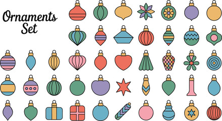 Colorful christmas ornaments icon bundle set festive decorations for holiday season