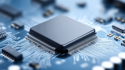 This detailed scene showcases a computer chip at the center of a circuit board, processing data alongside various other electronic components