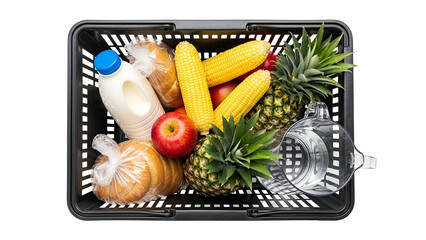 Fruits and Milk in Black Shopping Basket with Corn Pineapples Apples and Water Jug