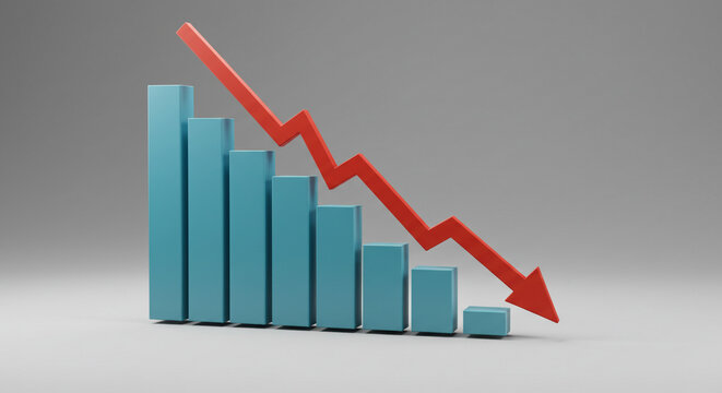 Dramatic financial decline represented by falling bar graph and red arrow pointing downward, signaling economic downturn or losses in modern business