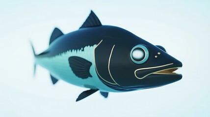 Stylized Blue Fish with Glowing Eye and Prominent Fins on White Background