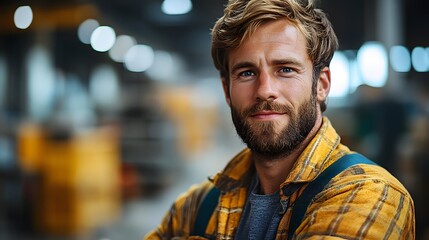 Smiling young man in work attire stands confidently in a busy warehouse with bright lighting and machinery in the background