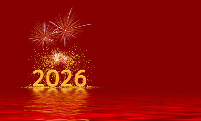 golden 2026 text under golden confetti and fireworks - 3D illustration on red background	
