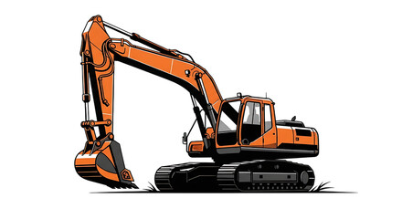Illustration of an orange excavator with a large bucket and tracks, isolated on transparent background, ready for construction or demolition work in a heavy industry setting on transparent background